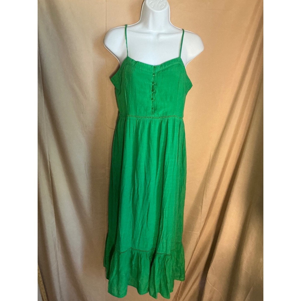 Green Midi Dress Womens Large Good Smocked Back Crochet Trim Ruffle Hem